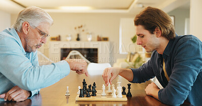 Buy stock photo Elderly father, son and chess in home with strategy, solution or problem solving in contest for weekend. Family, boardgame and bonding with competition for thinking, knowledge or challenge in house