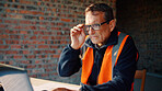 Architect, online and man with laptop in construction site, research and property development on web. Civil engineer, reading and mature person with tech for architecture project or quality assurance
