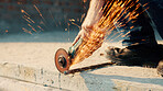 Hands, engineer and grinder with rod at construction site for welding, cutting metal and manual labor. Person, electric tool and sparks for steel fabrication, surface smoothing and building industry