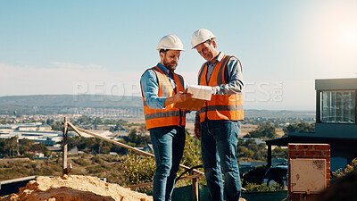 Buy stock photo People, engineer and talk with clipboard for construction, safety compliance and review blueprint. Men, meeting and checklist for quality control, building floor plan and information for architecture
