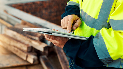 Buy stock photo Person, hands and builder with tablet in construction site for building inspection or maintenance. Contractor, technology or checklist with material for civil engineering, inventory or safety check