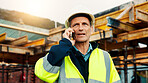 Phone call, engineer and man in city for construction, urban planning and communication for progress. Architecture, talking and mature person on cellphone for discussion, chat and project update