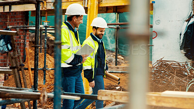 Buy stock photo Construction, architect and manager talk on site for project planning, inspection and renovation. Team, men and tablet with blueprint outdoor for development progress, quality control or architecture