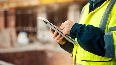 Buy stock photo Person, hands or contractor with tablet in construction site for building inspection or maintenance. Civil engineer, builder or checklist on technology or app for architecture development or progress