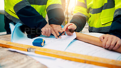 Buy stock photo People, hands and planning construction with blueprint for building layout or architecture on site. Contractor, builder or team pointing with documents for civil engineering design or development