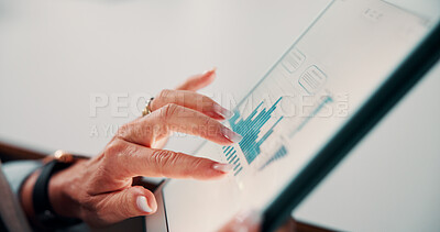 Buy stock photo Person, hands and tablet screen with data analytics, statistics or financial report in office. Business, investment and accountant with digital tech, graphs and metrics for company revenue or growth