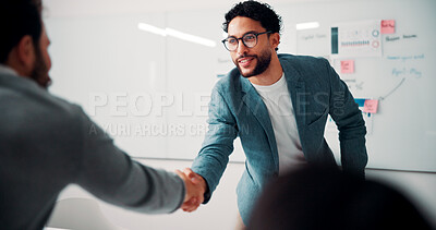 Buy stock photo Meeting, handshake and people with success, deal and thank you for data analysis approval. Manager, negotiation and shaking hands with stats proposal, partnership or b2b agreement for business growth