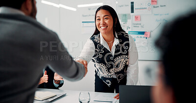 Buy stock photo Meeting, handshake and people with deal, success and celebration for data analytics approval. Manager, thanks and shaking hands with stats proposal, applause and b2b agreement for business growth