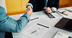 Handshake, people and document for meeting, partnership or business growth agreement in office. Performance survey, contract and investor shaking hands for project proposal, deal or client success