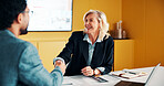 Recruitment, handshake or business people with smile in meeting, welcome or introduction for interview. Candidate, hr manager or shaking hands for hiring, congratulations or onboarding in office