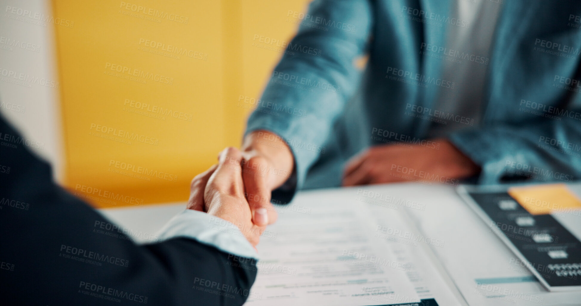 Buy stock photo Recruitment, people and handshake in office interview for job offer, vacancy success or welcome. Onboarding, hr manager and shaking hands with candidate for new hire, company growth and opportunity