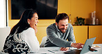 Excited, business and people with laptop in office for good news, buyer approval and real estate. Smile, team and pc for positive feedback, property success and staff achievement for resale auction