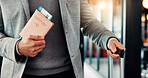 Airport, ticket and hands of business man with suitcase for flight to international convention. Professional, walking and person with passport, boarding pass and travel info for departure schedule