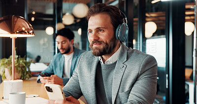 Buy stock photo Businessman, smile and think with headphones in cafe, real estate agent and music choice with phone. Coffee shop, realtor and person with mobile for song selection, reflection and listening to audio