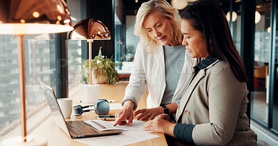 Buy stock photo Discussion, laptop and business women in office with research for finance report with budget. Conversation, computer and financial advisor with manager for feedback on investment profit in workplace