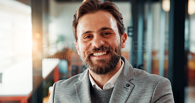 Buy stock photo Accountant, happy and portrait of businessman in office with confidence for finance career. Smile, professional and male financial manager with pride for company about us at workplace in Germany