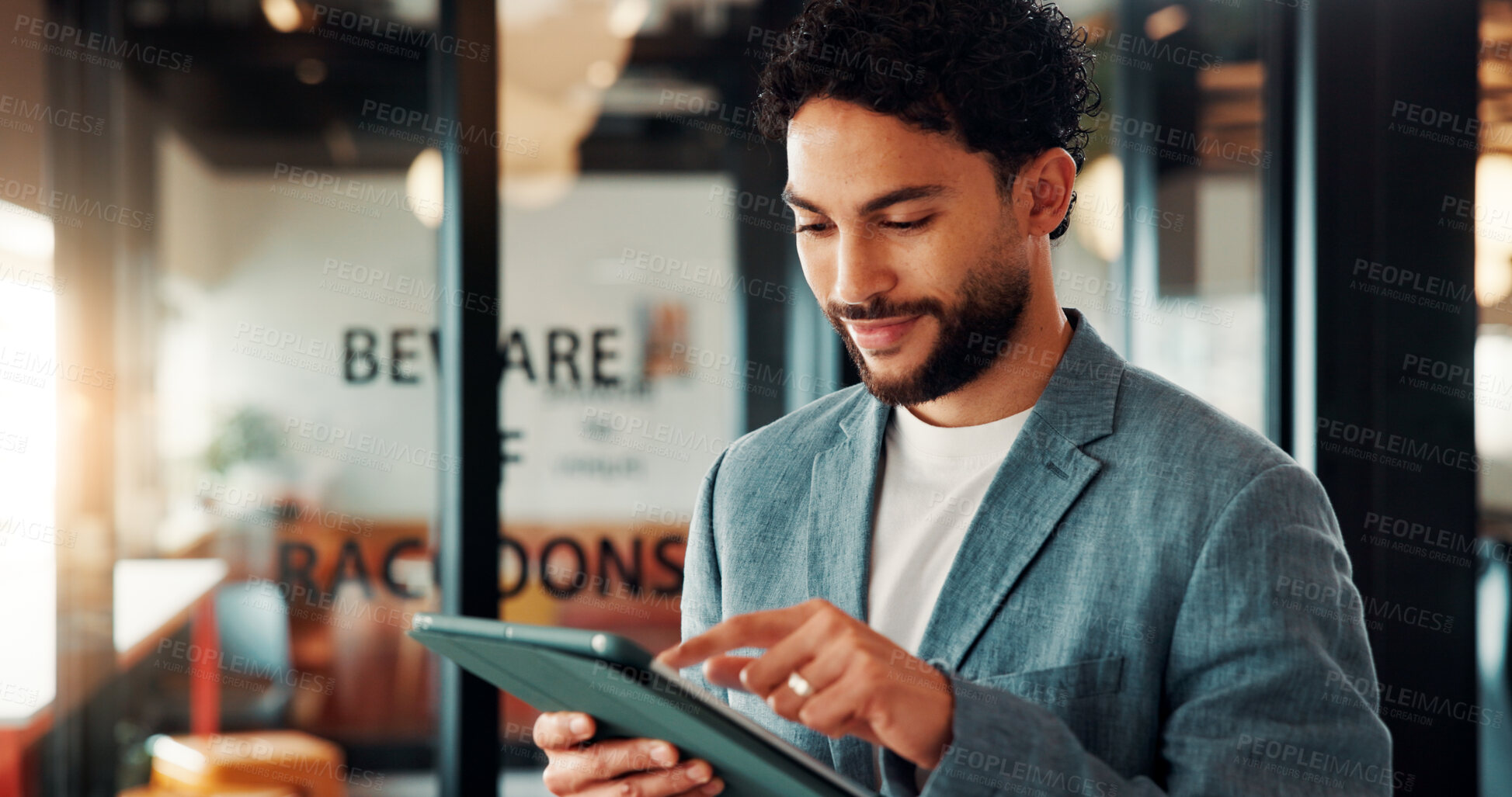 Buy stock photo Happy, businessman or reading tablet in office for trade execution, check account or profit alert. Research, trader or smile with mobile app at work for investment return, good news and notification