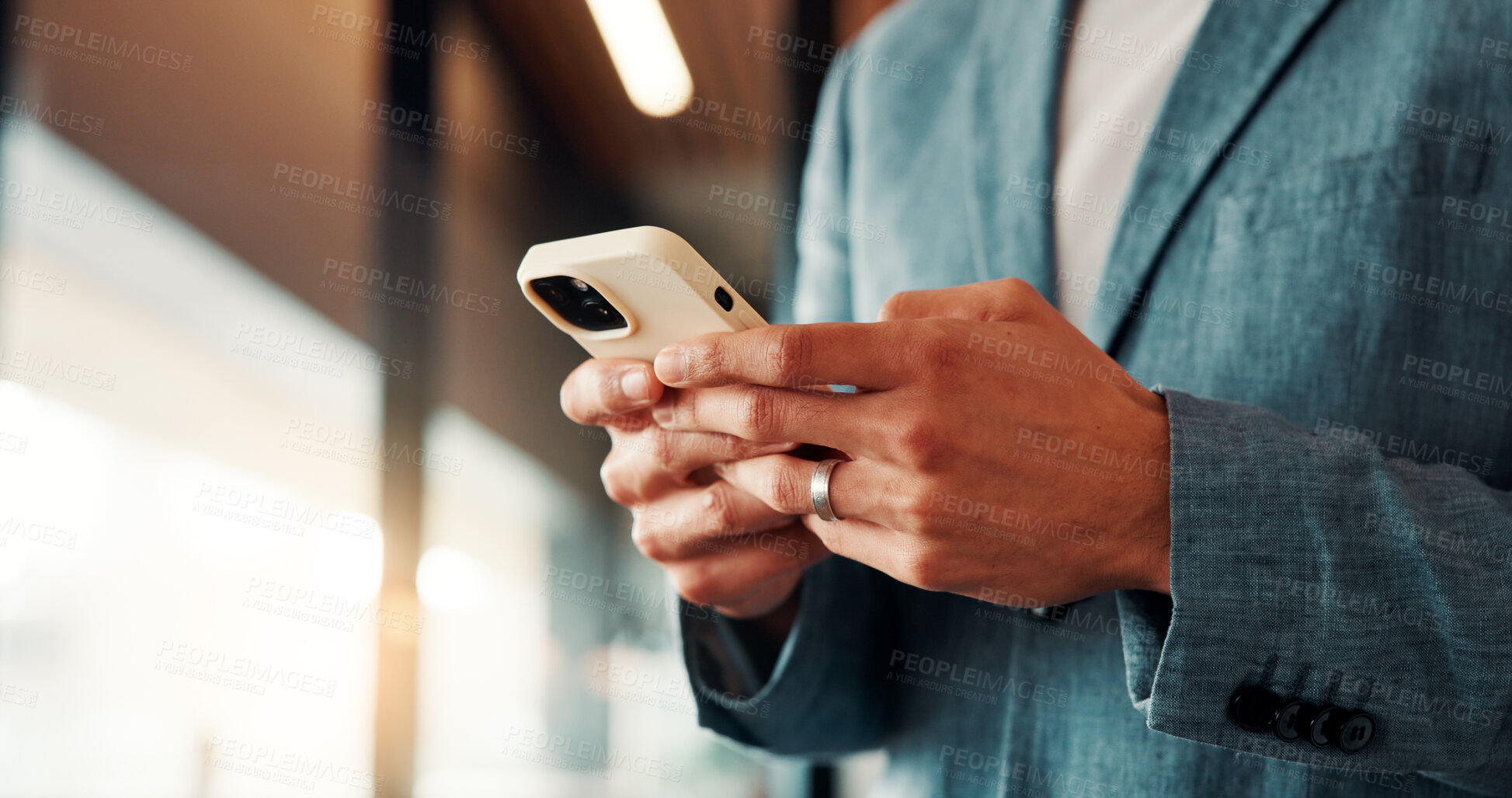 Buy stock photo Hands, man and typing with phone in business for contract auction, deal sourcing and IPO. Investment banker, employee and mobile app in office to monitor stock prices, finance market and negotiation