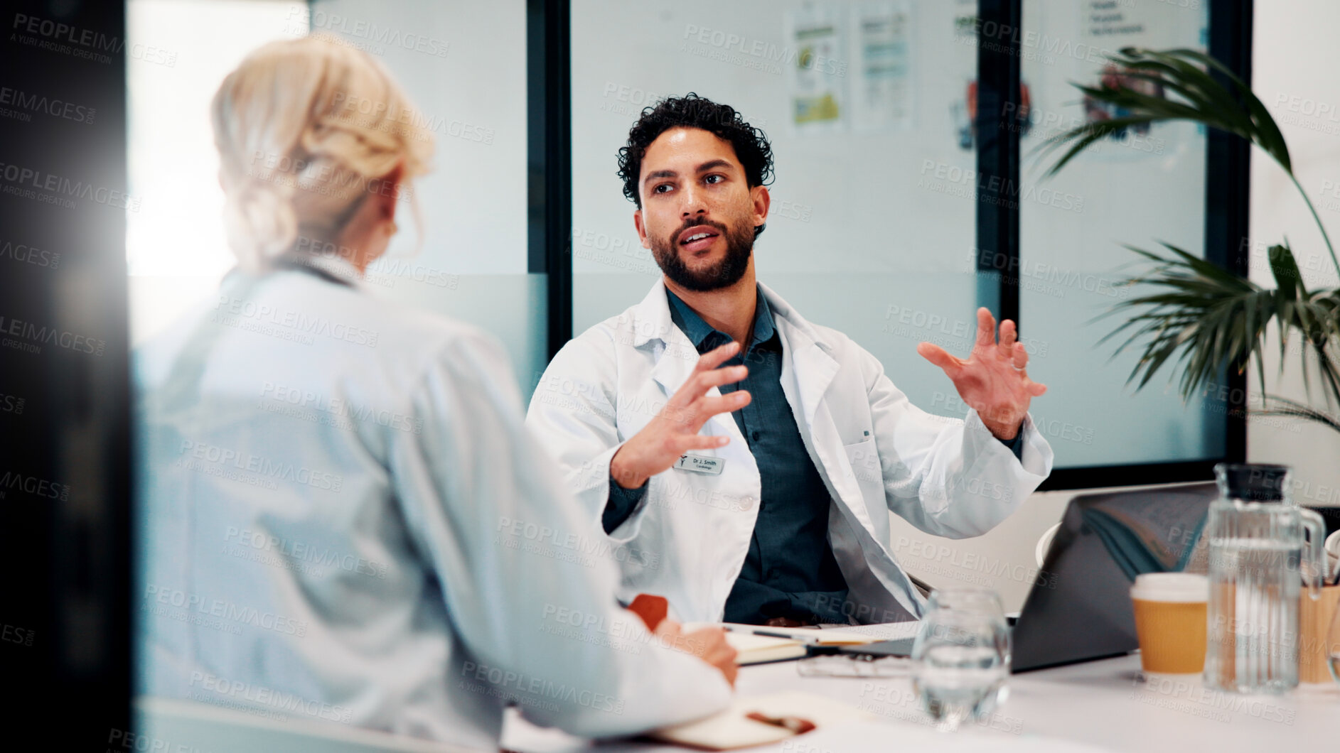 Buy stock photo Laptop, discussion and doctors in office for research on medical diagnosis, treatment or surgery plan. Computer, meeting and team of healthcare employees with collaboration for procedure schedule.