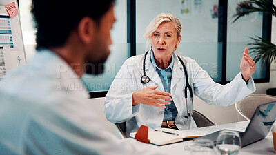 Buy stock photo Laptop, meeting and doctors in office for research on medical diagnosis, treatment or surgery plan. Computer, discussion and team of healthcare employees with collaboration for procedure schedule.