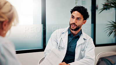 Buy stock photo Serious, discussion and doctors in office for research on medical diagnosis, treatment or surgery plan. Talking, meeting and team of healthcare employees with collaboration for procedure schedule.