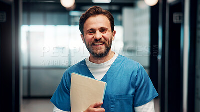 Buy stock photo Documents, man and portrait of nurse in hospital with confidence for career in medical service. Paperwork, professional and male healthcare worker with pride and positive attitude for about us.