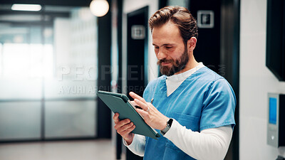 Buy stock photo Hospital, nurse and man on tablet for online schedule, patient report and telehealth on app. Healthcare, hallway and person on digital tech for research, medicare and planning for medical service