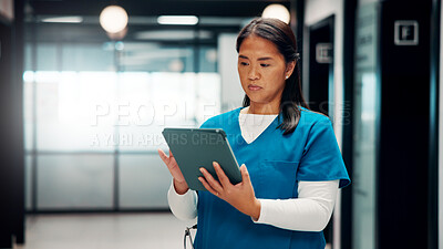 Buy stock photo Hospital, nurse and woman on tablet for online schedule, patient report and telehealth on app. Healthcare, clinic and person on digital tech for research, medicare and planning for medical service