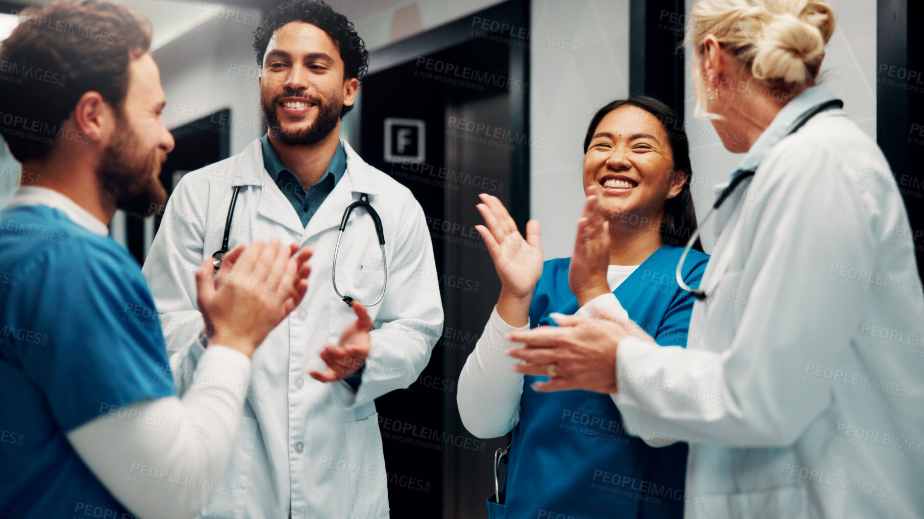Buy stock photo Meeting, applause and doctors with team in hospital for good news, surgery success and achievement. Healthcare, clinic and people celebrate for victory, teamwork and collaboration for medical service