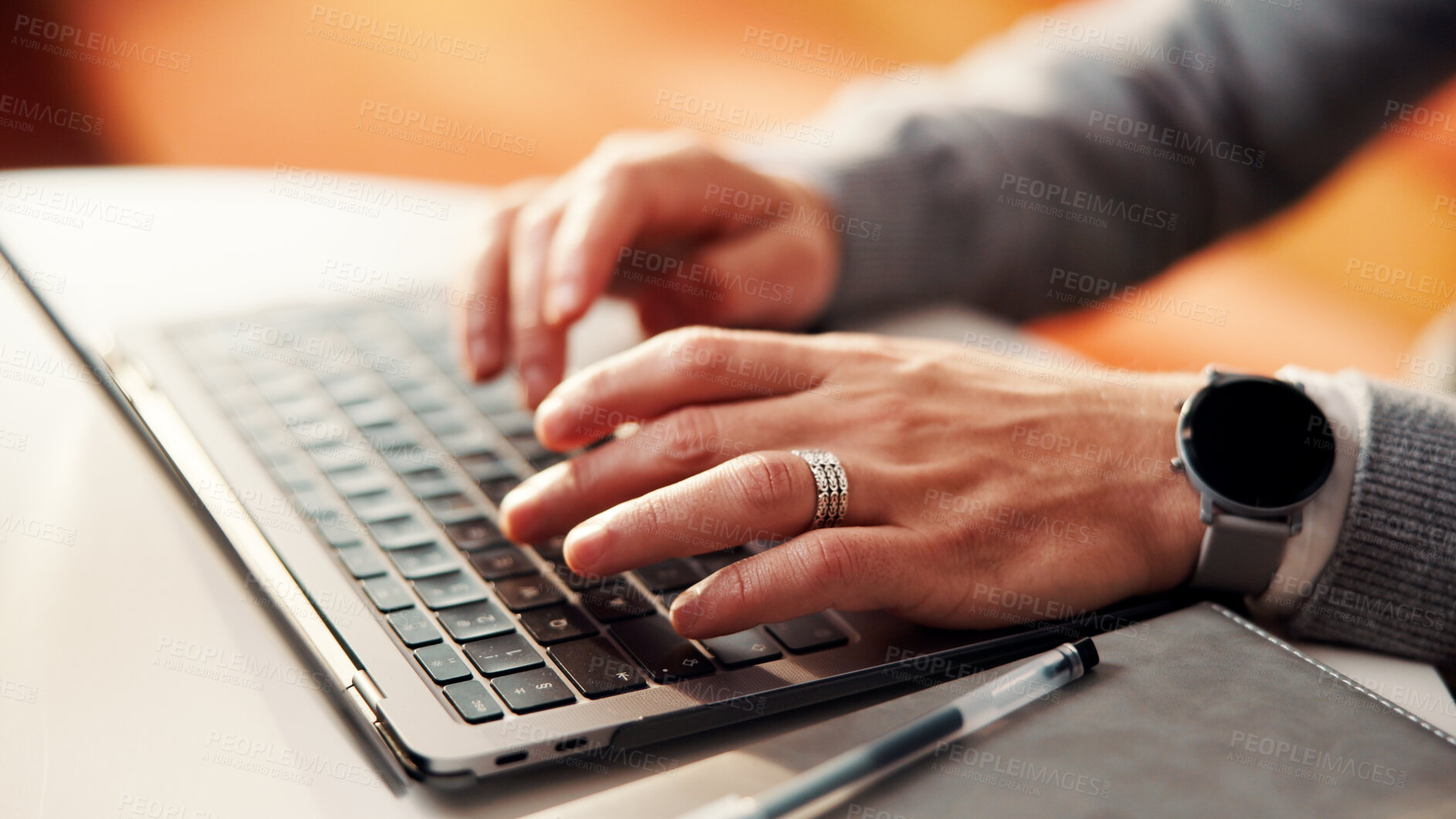 Buy stock photo Typing, hands and employee with laptop in business, copywriting and email marketing on social media. Copywriter, online and person with keyboard for blog post, creative and ad campaign on website