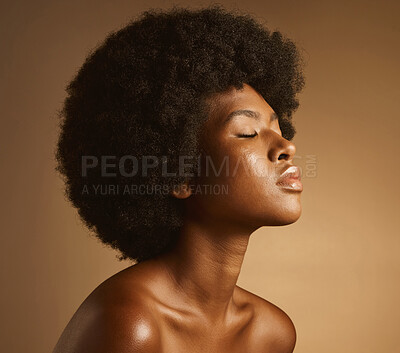 Buy stock photo Black woman, afro and beauty for hair care in studio with space, wellness or glow on background. African person, hairstyle and natural cosmetics with eyes closed, inspiration and skin with reflection