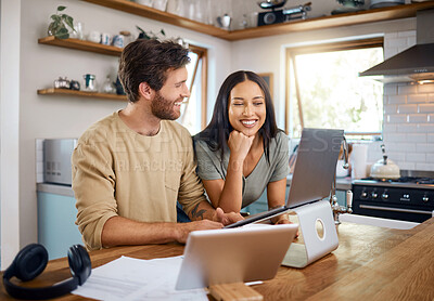 Buy stock photo Happy, couple and reading with laptop at house for audit, finance report and online banking. Smile, people and pc for mortgage payment, financial budget and savings balance from household investment