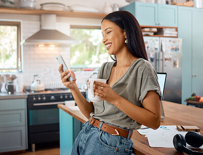 Buy stock photo Phone, coffee and happy woman in kitchen for remote work, text app or reading message on break. Freelancer, drink and person at home with mobile for online post, communication or internet connection