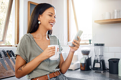 Buy stock photo Phone, coffee and woman laugh in kitchen for social media, text app or reading message with joke. Drink, funny and person at home with mobile for online post, communication and meme on internet