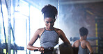 Fitness, equipment and woman in gym for exercise, health or resistance training with active wellness. Balance, athlete and female person with machine for strength, workout or practice in sport center