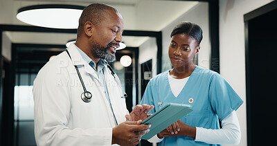Buy stock photo Doctor, nurse and talk in hospital with tablet, mentorship and research advice for medical internship. Black people, discussion and manager in clinic with tech, training intern or healthcare teamwork