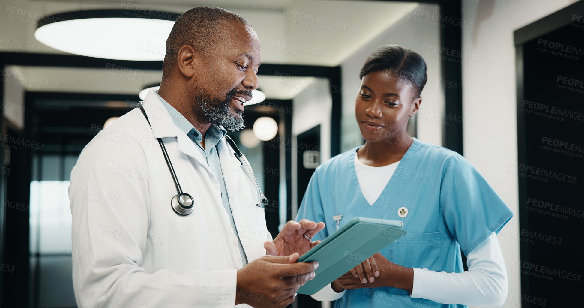 Buy stock photo Doctor, nurse and talk in hospital with tablet, mentorship and research advice for medical internship. Black people, discussion and manager in clinic with tech, training intern or healthcare teamwork