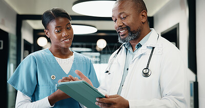 Buy stock photo Doctor, nurse and research in hospital with tablet, mentorship and conversation for medical internship. Black people, talk and manager in clinic with tech, training intern and advice for healthcare.