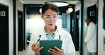 Medical, doctor or tablet with pen in hospital for clinical notes, digital prescription or review. Professional, mature woman or health app with stylus for insurance records, test results and glasses