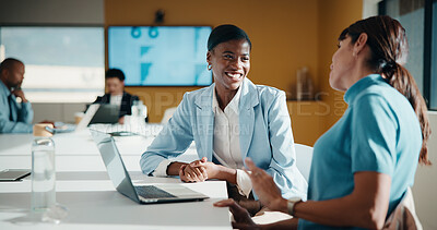 Buy stock photo Finance, manager or team in agency with laptop, director feedback or advice on investment project. Collaboration, people or stats analyst with tech, budget meeting or mentor insight on revenue report