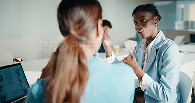 Buy stock photo Business, manager or team in office with laptop screen, budget analysis or mentor insight on revenue brief. Women, director or finance clerk with tech, project advice or feedback on investment report