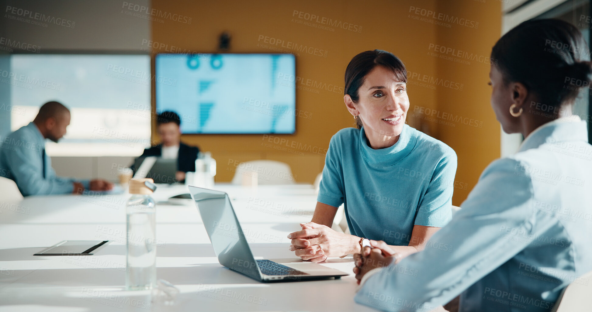 Buy stock photo Business, mentor or team in office with laptop, feedback or advice on investment project. Collaboration, people or finance analyst with tech, budget meeting or manager insight on revenue report.