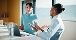 Business, happy or team in office with joke, workplace humor or friendly conversation in agency. Collaboration, women or employees with tech, funny discussion or bonding together in boardroom.