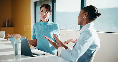 Buy stock photo Business, happy or team in office with joke, workplace humor or friendly conversation in agency. Collaboration, women or employees with tech, funny discussion or bonding together in boardroom.