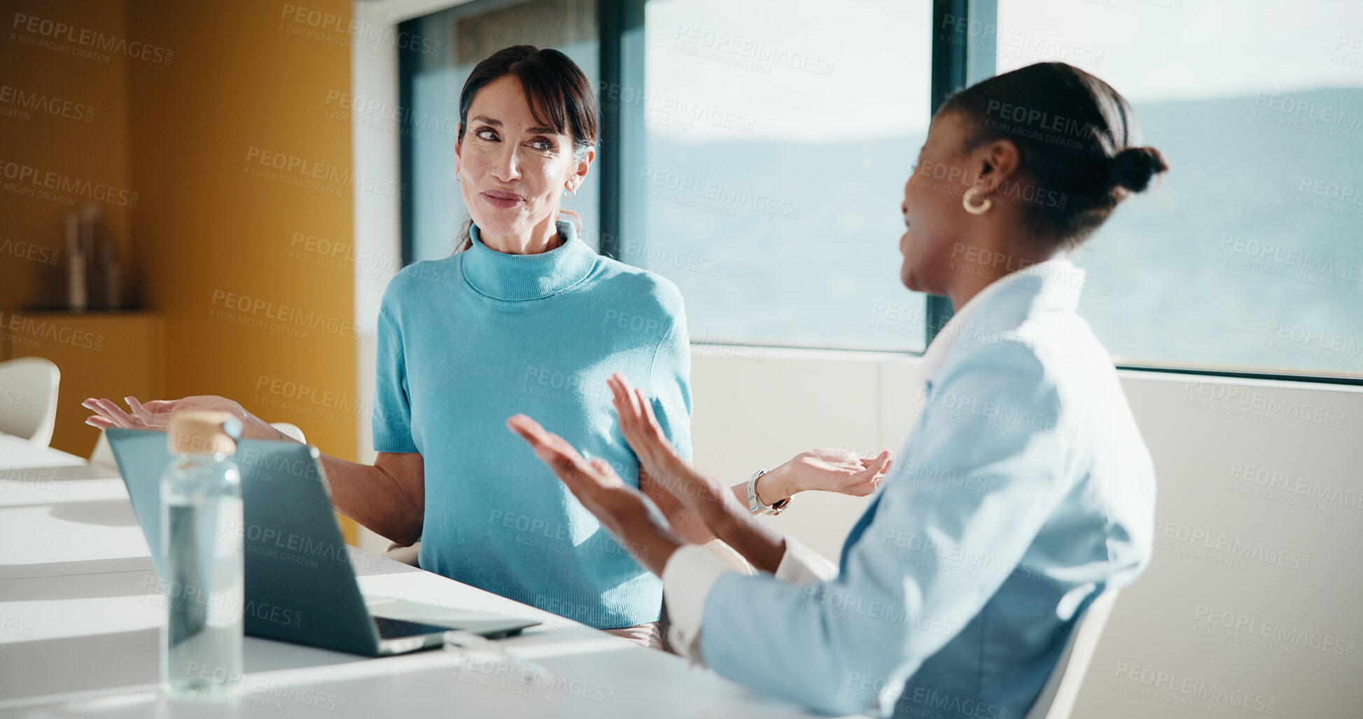 Buy stock photo Business, happy or team in office with joke, workplace humor or friendly conversation in agency. Collaboration, women or employees with tech, funny discussion or bonding together in boardroom.