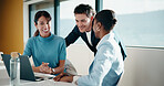Business, happy or team in agency with laptop, pitch review or group insight for revenue report. Collaboration, smile or finance advisors with tech, project support or feedback on investment proposal