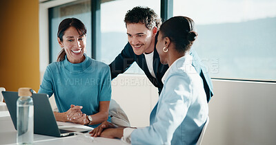 Buy stock photo Business, happy or team in agency with laptop, pitch review or group insight for revenue report. Collaboration, smile or finance advisors with tech, project support or feedback on investment proposal