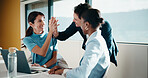 People, smile and high five in office with laptop, mentorship success or marketing internship goals. Manager, team or advertising intern in business with computer, training milestone and celebration.