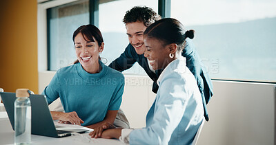 Buy stock photo Business, smile or team in office with laptop, pitch review or group insight for revenue report. Collaboration, happy or finance advisors with tech, project support or feedback on investment proposal