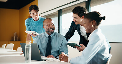 Buy stock photo Meeting, conversation and business people in office with laptop, tablet and plan for marketing agency. Manager, team and discussion in workplace with tech, brand campaign proposal and collaboration.